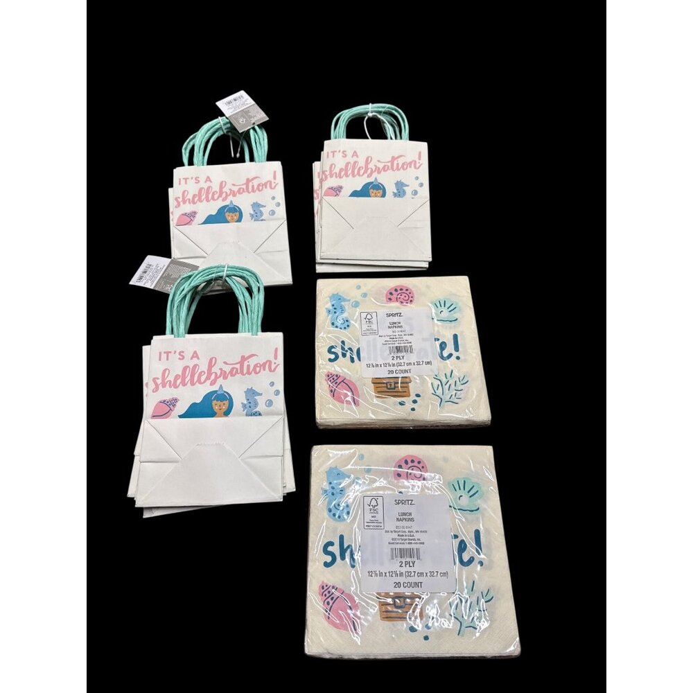 Spritz Paper Gift Treat or Favor Bags Mermaid It's A Shellebration & Napkins Bra - Picture 2 of 4